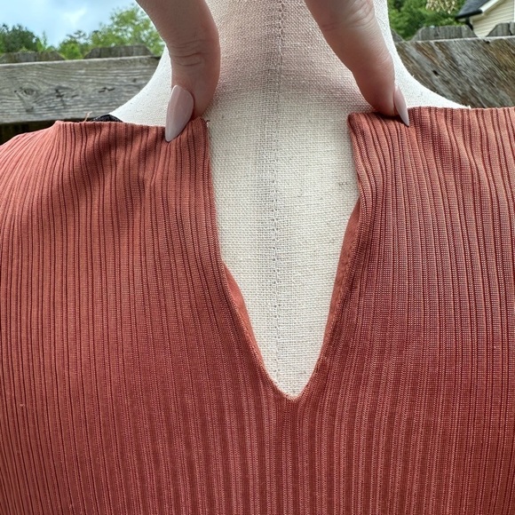 Mango Suit Shiny Burnt Orange Ribbed Flowy Layered Maxi Dress - Picture 8 of 10